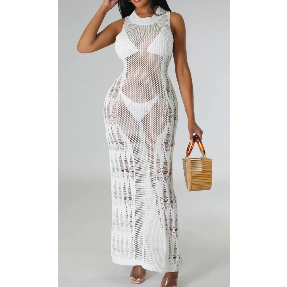 Fashion Nova Olivia Crochet Maxi Dress White Sleeveless Open Knit Cover Up Sz L